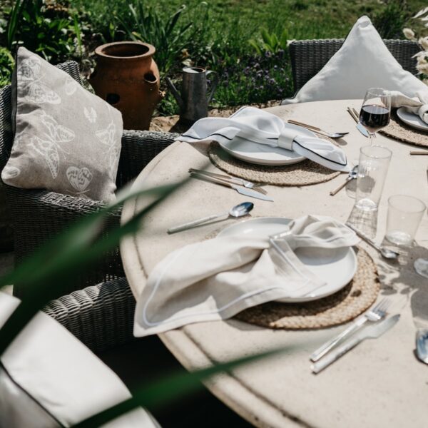 Linen napkins on a set table in the garden